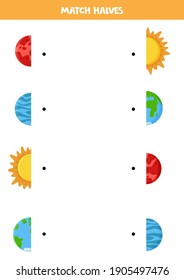 Coincide con mitades de Sol y planetas. Juego lógico para niños.