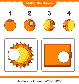 Match the halves. Match halves of Sun and Wallet. Educational children game, printable worksheet, vector illustration