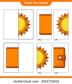 Match the halves. Match halves of Sun and Wallet. Educational children game, printable worksheet, vector illustration