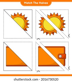 Match the halves. Match halves of Sun and Wallet. Educational children game, printable worksheet, vector illustration