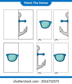 Coincide con las mitades. Coincide con mitades de gafas de sol y ancla. Juego infantil educativo, hoja de cálculo imprimible, ilustración vectorial