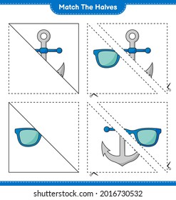 Match the halves. Match halves of Sunglasses and Anchor. Educational children game, printable worksheet, vector illustration
