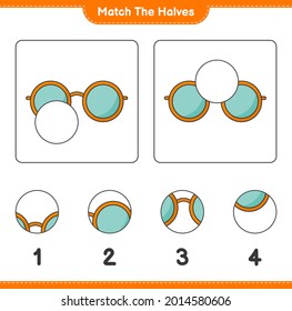 Coincide con las mitades. Coincide con mitades de gafas de sol. Juego infantil educativo, hoja de cálculo imprimible, ilustración vectorial