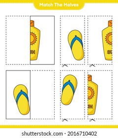 Match die Hälften! Match Hälften von Sunscreen und Flip Flop. Kinderspiel, druckbares Arbeitsblatt, Vektorgrafik