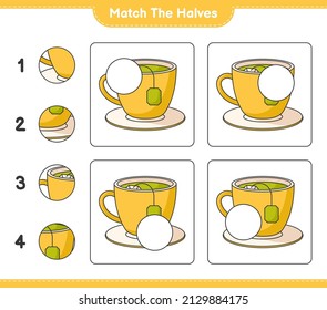 Coincide con las mitades. Coincidir con las mitades de la Tea Cup. Juego infantil educativo, hoja de cálculo imprimible, ilustración vectorial