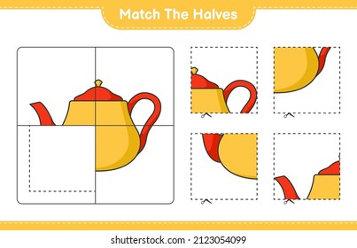 Match the halves. Match halves of Teapot. Educational children game, printable worksheet, vector illustration