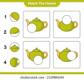Match the halves. Match halves of Teapot. Educational children game, printable worksheet, vector illustration
