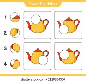 Match the halves. Match halves of Teapot. Educational children game, printable worksheet, vector illustration