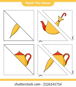 Match the halves. Match halves of Teapot and Umbrella. Educational children game, printable worksheet, vector illustration