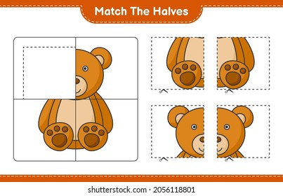 Match the halves. Match halves of Teddy Bear. Educational children game, printable worksheet, vector illustration