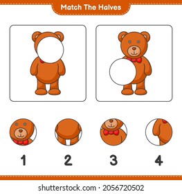 Match the halves. Match halves of Teddy Bear. Educational children game, printable worksheet, vector illustration