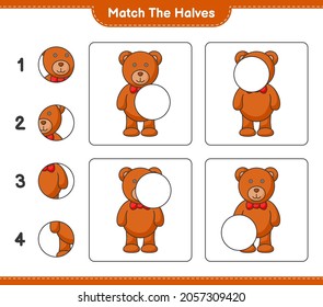 Match die Hälften! Match Hälften von Teddy Bär. Kinderspiel, druckbares Arbeitsblatt, Vektorgrafik