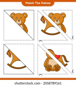 Match the halves. Match halves of Teddy Bear and Rocking Horse. Educational children game, printable worksheet, vector illustration
