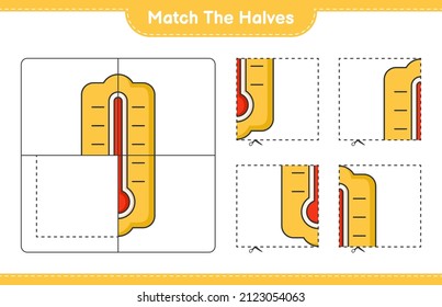 Match die Hälften! Match Hälften des Thermometers. Kinderspiel, druckbares Arbeitsblatt, Vektorgrafik