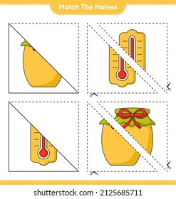 Match die Hälften! Match Hälften von Thermometer und Marmelade. Kinderspiel, druckbares Arbeitsblatt, Vektorgrafik