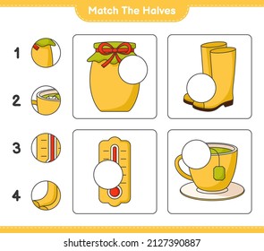 Match the halves. Match halves of Thermometer, Rubber Boots, Tea Cup, and Jam. Educational children game, printable worksheet, vector illustration