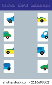 Match the halves of the toys cars. Educational game for children.
