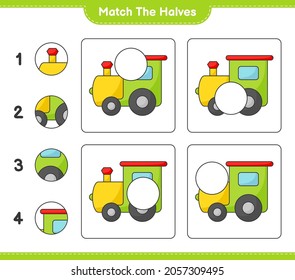 Coincide con las mitades. Coincide con las mitades del tren. Juego infantil educativo, hoja de cálculo imprimible, ilustración vectorial