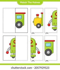 Match the halves. Match halves of Train and Robot Character. Educational children game, printable worksheet, vector illustration