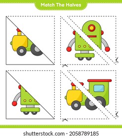 Coincide con las mitades. Coincide con las mitades del personaje de tren y robot. Juego infantil educativo, hoja de cálculo imprimible, ilustración vectorial