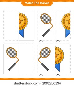 Match the halves. Match halves of Trophy and Badminton Rackets. Educational children game, printable worksheet, vector illustration