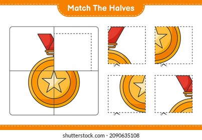 Coincide con las mitades. Coincidir mitades de Trofeo. Juego infantil educativo, hoja de cálculo imprimible, ilustración vectorial