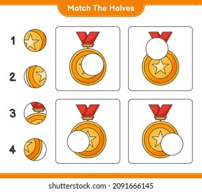 Coincide con las mitades. Coincidir mitades de Trofeo. Juego infantil educativo, hoja de cálculo imprimible, ilustración vectorial