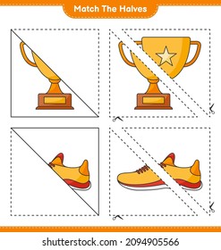 Match the halves. Match halves of Trophy and Running Shoes. Educational children game, printable worksheet, vector illustration