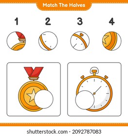 Match the halves. Match halves of Trophy and Stopwatch. Educational children game, printable worksheet, vector illustration