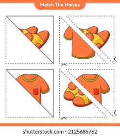 Match die Hälften! Match Hälften von T-Shirt und Slippers. Kinderspiel, druckbares Arbeitsblatt, Vektorgrafik