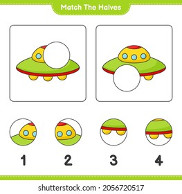 Match the halves. Match halves of Ufo. Educational children game, printable worksheet, vector illustration