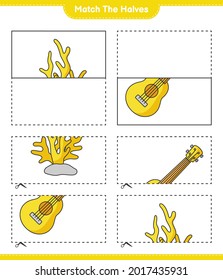 Coincide con las mitades. Coincidir mitades de Ukulele y Coral. Juego infantil educativo, hoja de cálculo imprimible, ilustración vectorial