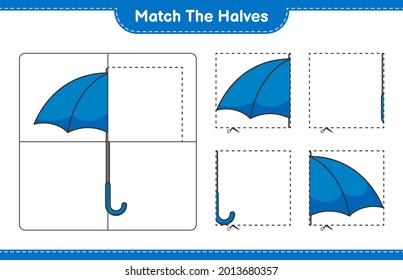 Coincide con las mitades. Coincide con las mitades del paraguas. Juego infantil educativo, hoja de cálculo imprimible, ilustración vectorial