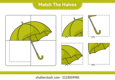 Match the halves. Match halves of Umbrella. Educational children game, printable worksheet, vector illustration
