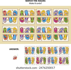 Match the halves visual logic puzzle with colorful flip-flops on the beach sand
