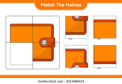 Coincide con las mitades. Coincide con las mitades de la cartera. Juego infantil educativo, hoja de cálculo imprimible, ilustración vectorial