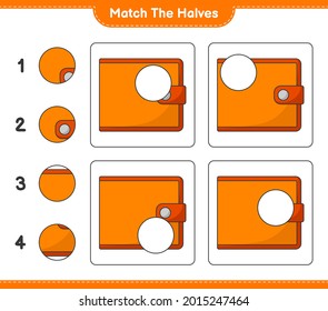 Match the halves. Match halves of Wallet. Educational children game, printable worksheet, vector illustration