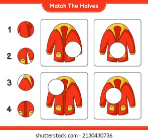 Coincide con las mitades. Coincide con mitades de ropa cálida. Juego infantil educativo, hoja de cálculo imprimible, ilustración vectorial