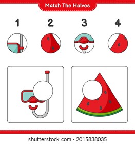 Match the halves. Match halves of Watermelon and Scuba Diving Mask. Educational children game, printable worksheet, vector illustration