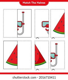 Coincide con las mitades. Coincide con mitades de sandía y máscara de buceo de Scuba. Juego infantil educativo, hoja de cálculo imprimible, ilustración vectorial