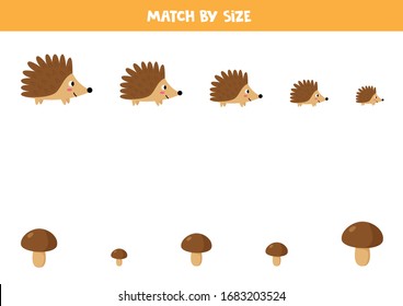 Match hedgehogs and mushrooms by size. Educational game for kids.