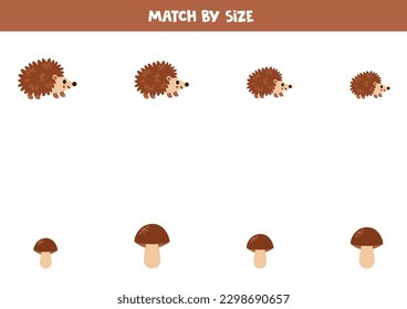 Match hedgehogs and mushrooms by size. Educational logical game for kids.