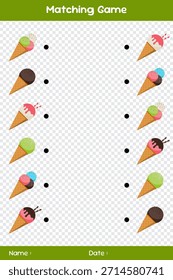 Match of ice creams. Connect the same ice creams. Matching educational game. Educational children's game. Kids activity sheet