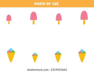Coincide con los helados y los palillos por tamaño. Juego educativo lógico para niños.