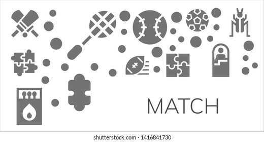 match icon set. 11 filled match icons.  Collection Of - Cricket, Racket, Puzzle, Rugby ball, Matches, Tennis, Soccer, Sleeping bag