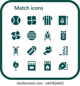 match icon set. 16 filled match icons.  Simple modern icons about  - Tennis, Puzzle, Referee, Match, Ball, Cricket, Sleeping bag, Matches, Rugby ball
