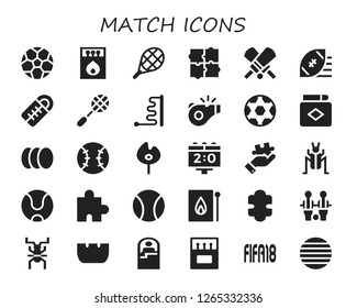  match icon set. 30 filled match icons. Simple modern icons about  - Soccer ball, Matches, Tennis, Puzzle, Cricket, Rugby ball, Sleeping bag, Racket, Ball, Referee, Match, Balls