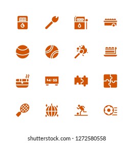 match icon set. Collection of 16 filled match icons included Football ball, Football, Ball, Tennis, Puzzle, Scoreboard, Ashtray, Piece, Matches, Tennis ball, Match