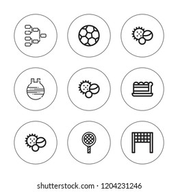 Match icon set. collection of 9 outline match icons with balls, ball, football, piece, soccer ball, tennis racket icons. editable icons.