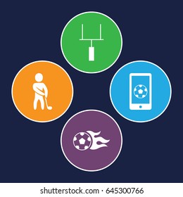Match icons set. set of 4 match filled icons such as golf player, football ball, football on phone